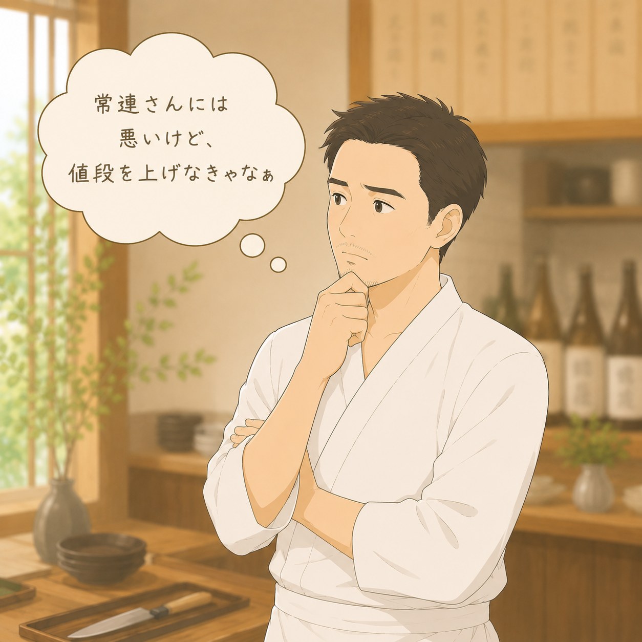常連さんには悪いけど、値段を上げなきゃなぁ、と悩む店主
